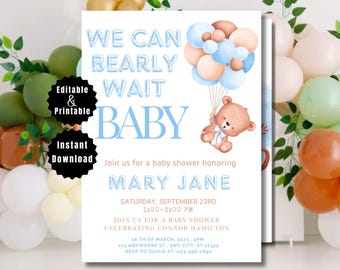 Editable Brown Bear Balloon Baby Shower Invitation, We Can Bearly Wait Baby Shower Invite, Blue Boy Boho Bear Baby Shower