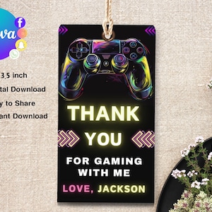 ゲーム用サンキューギフトタグ、編集可能なビデオゲーム誕生日ラベル、キッズゲーマーラウンドパーティーの記念品、アーケードパーティースクエアタグ、ゲームオーバー
