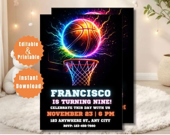 バスケットボールの誕生日招待状、スポーツの誕生日招待状、スポーツテーマ、子供の誕生日パーティー、印刷可能なバスケットボール招待状、編集可能なCanva