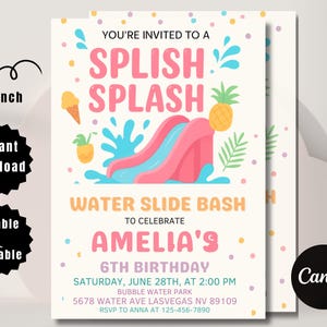 Editable Waterslide Birthday Invitation, Summer Pool Splash Party Evite for Boys or Girls, Water Slide Bash Instant Download