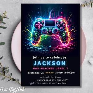 Faire-part de fête d'anniversaire jeu vidéo, passer un niveau supérieur, invitation à une fête d'arcade, invitation néon phosphorescent, gamer vidéo phosphorescent, toile modifiable image 3