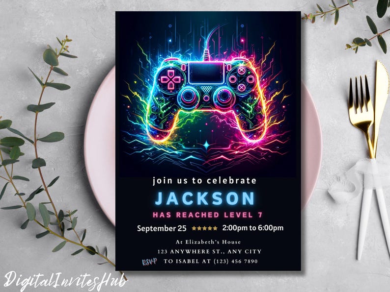 Faire-part de fête d'anniversaire jeu vidéo, passer un niveau supérieur, invitation à une fête d'arcade, invitation néon phosphorescent, gamer vidéo phosphorescent, toile modifiable image 3