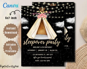 Invito per pigiama party: tenda da campeggio, modificabile e stampabile (download digitale)