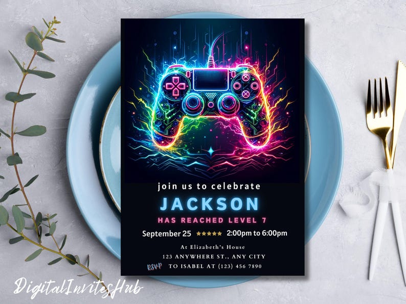 Faire-part de fête d'anniversaire jeu vidéo, passer un niveau supérieur, invitation à une fête d'arcade, invitation néon phosphorescent, gamer vidéo phosphorescent, toile modifiable image 2