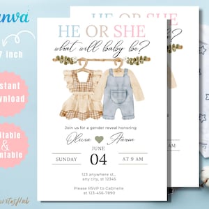 Modèle d&#39;invitation révélateur de genre minimaliste : 5 x 7 (PDF modifiable)
