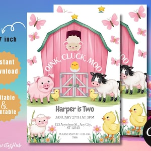 Farm Birthday Invitation, Farm Animals Party Invites, Kids Birthday Invitation, Barn yard Animals, 5x7 Canva Template, Digital Invite