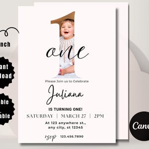 Faire-part premier anniversaire bohème minimaliste - Invitation de fête d'anniversaire 1er anniversaire modifiable pour garçon ou fille - Téléchargement numérique instantané