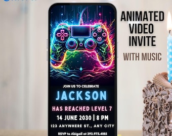 Animated Video Game Birthday Invitation: Neon Gamer Boy (EDITABLE)