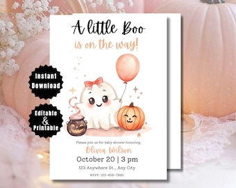 Invitación para baby shower de "A Little Boo is Almost Beginning", plantilla editable de Halloween, descarga digital de un lindo fantasma, invitación de "A Little Boo", imprimible