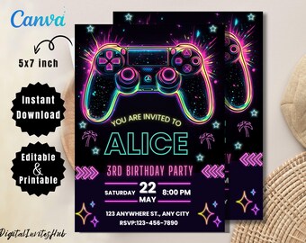 Video Game Birthday Invitation: Neon Glow, Editable Template (PDF)
