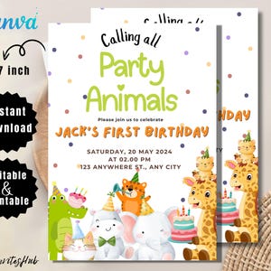 Editable Party Animals Birthday Invitation Template | Calling All Party Animals, Printable Invite, Girl Birthday Party Invitation