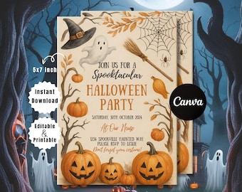 May include: A Halloween party invitation with a spooky theme. The design features pumpkins, a witch's hat, a ghost, and a broom. The invitation is 5x7 inches and includes the text "Join us for a Spooktacular Halloween Party."