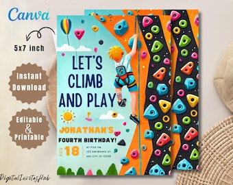 May include: A blue and orange printable invitation for a child's fourth birthday party. The invitation features a cartoon illustration of a child climbing a rock wall with the text "Let's Climb and Play" and "Jonathan's Fourth Birthday!"