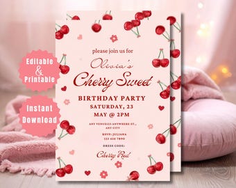 Cherry Birthday Party Invitation, Cherries Sweet Bow Party Invite, Digital Download, Editable Canva Template