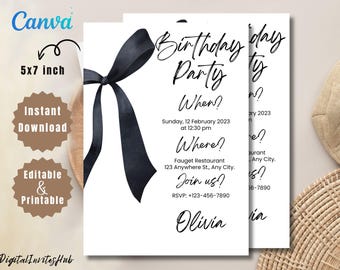 Black Bow Birthday Invitation Template: Minimalist Coquette Invite (Digital Download)