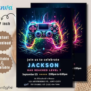 Invito per festa di videogiochi, invito di compleanno Level Up MODIFICABILE, invito blu neon luminoso, modello di ragazzo giocatore di videogiochi luminoso, invito per festa arcade