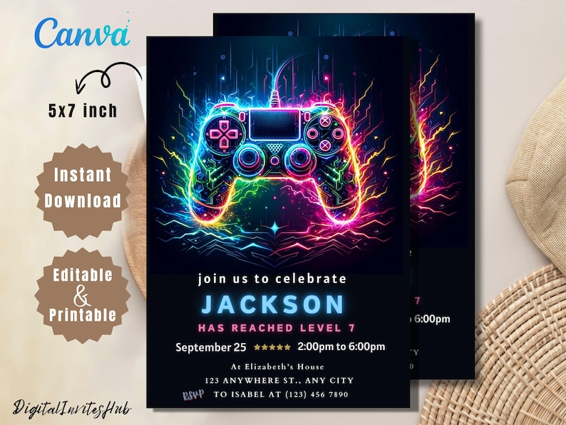 Editable video game birthday invitation Canva template, neon gamer party invite, level up birthday invitation for boys, digital gaming party invite, printable or phone invite, instant download birthday evite, modern gaming theme party design