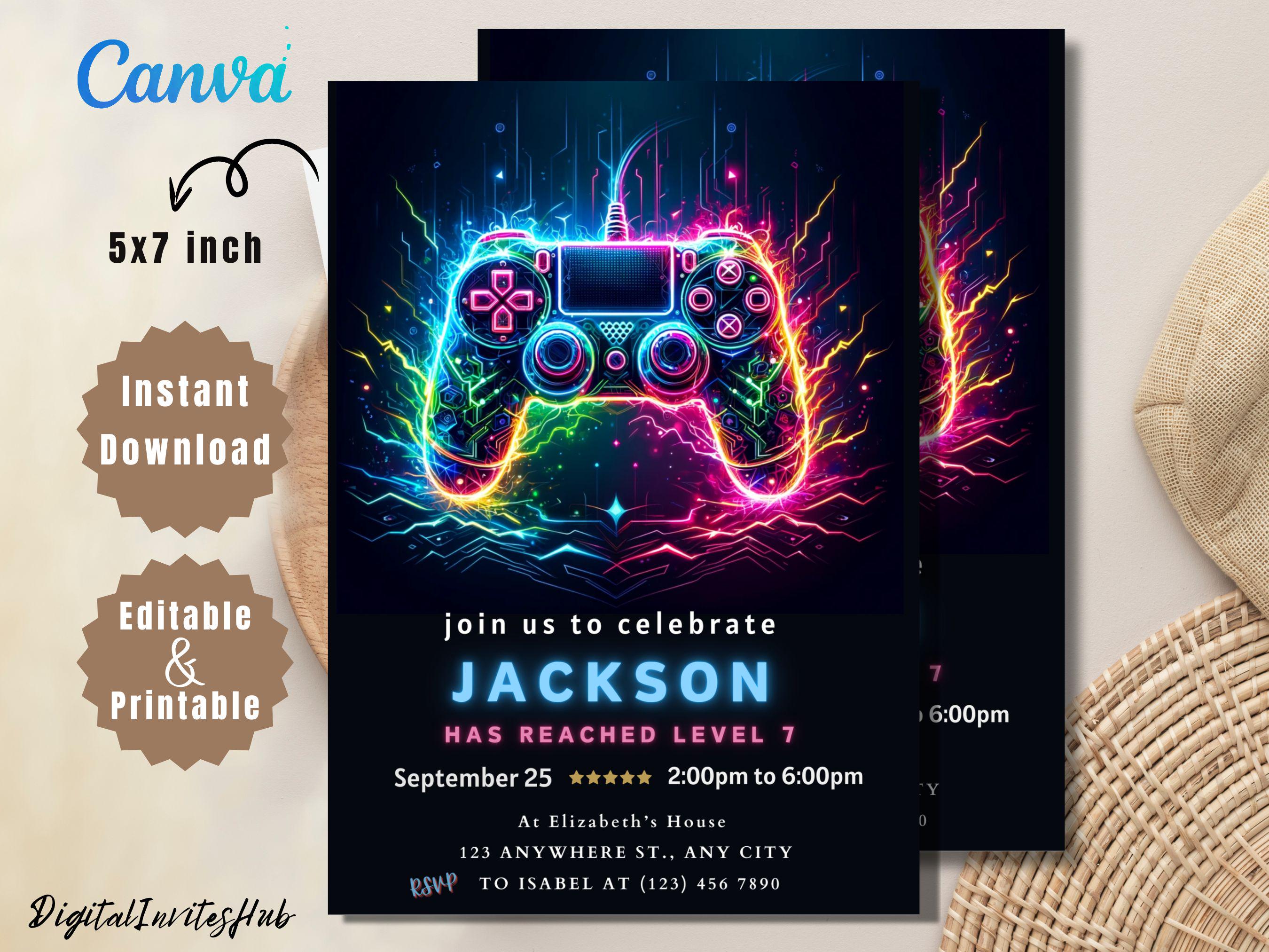 Video Game Party Invitation, EDITABLE Level Up Birthday Invite, Blue Neon Glow Invite, Glow Video Gamer Boy Template Arcade Party Invitation