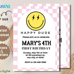 Editable smiley face invite, smiley face birthday, emoji invitation, smiley face invite, tween birthday, retro smiley face, happy face bday