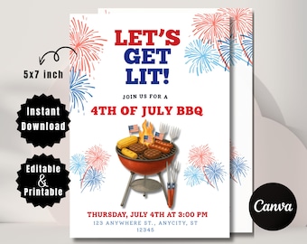 4th of July Party Invitation, Red White Blue BBQ Invite, Summer Barbecue Party Flyer, Independence Day Celebration Editable Template