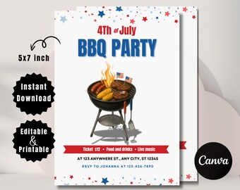 4th of July Party Invitation, Red White Blue BBQ Invite, Summer Barbecue Party Flyer, Independence Day Celebration Editable Template