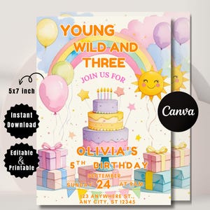 Young Wild and Three Birthday Invitation, Rainbow Unicorn 3rd Birthday Invite, Watercolor Theme, Editable Canva Template, Download