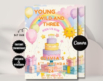 May include: A watercolor-style birthday invitation with the text "Young Wild and Three". The invitation features a three-tiered cake, balloons, a rainbow, and gift boxes. The invitation is 5x7 inches and includes the text "Olivia's 5th Birthday".
