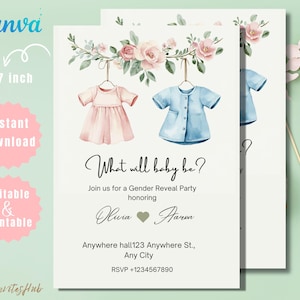 Modèle d&#39;invitation pour révélation de genre minimaliste : invitation à une fête modifiable (5 x 7 pouces)