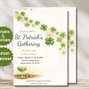 Inbjudan till St. Patrick's Day-fest, redigerbar Canva-mall, inbjudan till Shamrock och guldmynt, anpassningsbar evenemangsinbjudan, direktnedladdning