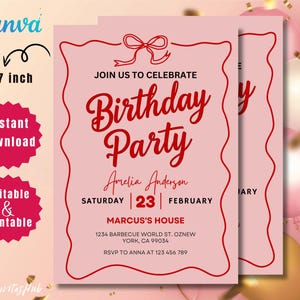 Pink Bow 1st Birthday Invitation Template: Girly Party Invite (Digital Download)