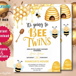 Può includere: Un invito a una festa di baby shower bianco con un design a nido d'ape giallo e oro. Il testo recita "It's going to bee twins" e include i dettagli dell'evento, come la data, l'ora e la posizione.