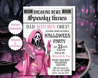 Krant Halloween-uitnodiging, Spooky Movie Night Costume-feestje nodigt elke leeftijd uit, bewerkbare canvassjabloon, Glam Halloween digitale download