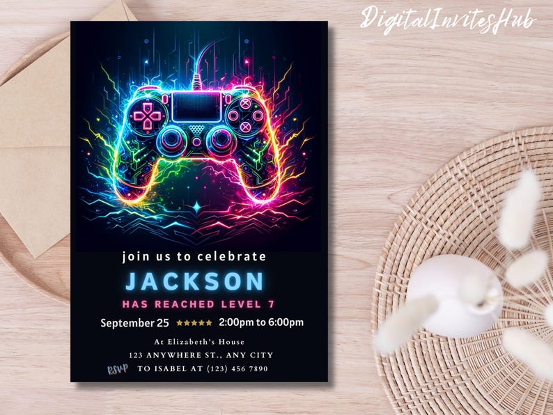 Faire-part de fête d'anniversaire jeu vidéo, passer un niveau supérieur, invitation à une fête d'arcade, invitation néon phosphorescent, gamer vidéo phosphorescent, toile modifiable image 9