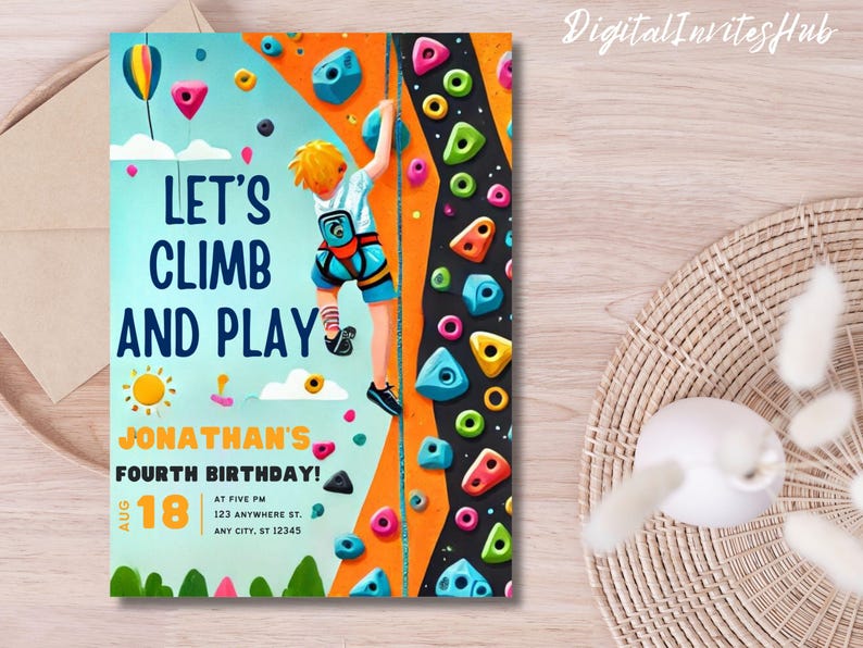 Editable Boy Rock Climbing Birthday Invitation, Printable Rock Wall