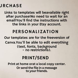 K&ouml;nnte beinhalten: Textbasierte Grafik mit den W&ouml;rtern &bdquo;KAUF&ldquo;, &bdquo;PERSONALISIERUNG&ldquo; und &bdquo;DRUCKEN/SENDEN&ldquo;. Der Text erkl&auml;rt, wie man nach dem Kauf auf Vorlagen zugreift und diese anpasst, Canva verwendet und Optionen zum Drucken oder Senden der Datei.