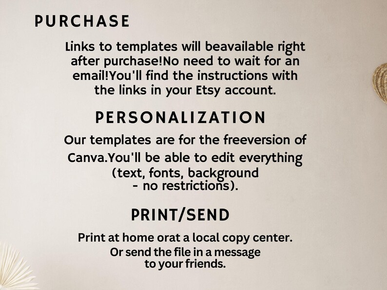 K&ouml;nnte beinhalten: Textbasierte Grafik mit den W&ouml;rtern &bdquo;KAUF&ldquo;, &bdquo;PERSONALISIERUNG&ldquo; und &bdquo;DRUCKEN/SENDEN&ldquo;. Der Text erkl&auml;rt, wie man nach dem Kauf auf Vorlagen zugreift und diese anpasst, Canva verwendet und Optionen zum Drucken oder Senden der Datei.