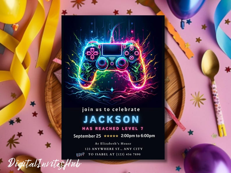 Faire-part de fête d'anniversaire jeu vidéo, passer un niveau supérieur, invitation à une fête d'arcade, invitation néon phosphorescent, gamer vidéo phosphorescent, toile modifiable image 7