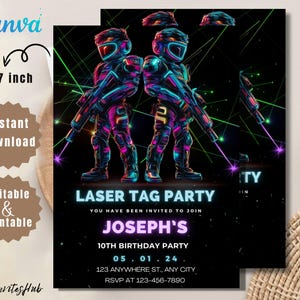 Invito di compleanno per Laser Tag MODIFICABILE, modello di invito per festa Laser Tag, Laser Tag rosso neon, festa di compleanno per bambini, download immediato