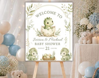 Hatching Soon Baby Shower Welcome Sign, Dinosaur Baby Boy Decor, Editable Canva Poster Board, Printable Digital Template