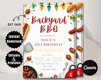 Editable Backyard BBQ Party Invitation: Canva Template (5x7 Inches, Digital Download)