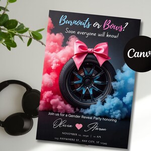 May include: Gender reveal party invitation with the text "Burnouts or Bows?" and a car wheel decorated with a pink bow. The background features pink and blue smoke, with the names Olivia and Aaron.