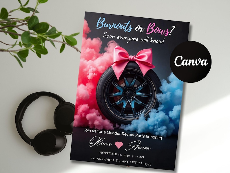 May include: Gender reveal party invitation with the text "Burnouts or Bows?" and a car wheel decorated with a pink bow. The background features pink and blue smoke, with the names Olivia and Aaron.
