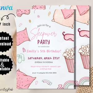 Editable Slumber Party Birthday Invitation Sleepover Birthday Invite Pink Girl Spa Tween Teen Digital Download Printable Template, sleepover