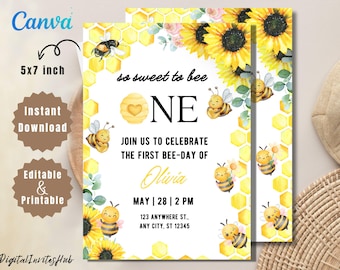Bee 1st Birthday Invitation Template: Honey Bee Party (Digital Download)