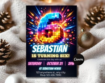 6th Birthday Invitation for Boys, Building Blocks Party Invite, Editable Canva Template, Digital Download Birthday Invitation