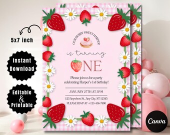 Editable Strawberry First Birthday Invitation - Printable 1st Birthday Girl Invite Template