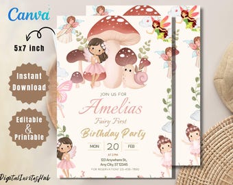 Invitación de primer cumpleaños de hada: Plantilla de jardín encantado (PDF)