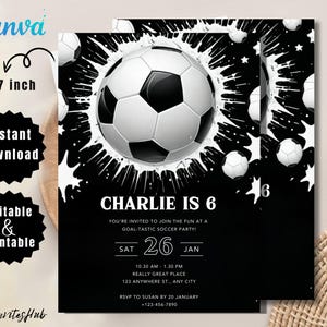Bearbeitbare Fußball-Geburtstags-Einladungsvorlage, druckbare Geburtstagsfeier-Einladungen, digitale Kinderparty einladen, 13x18, Canva
