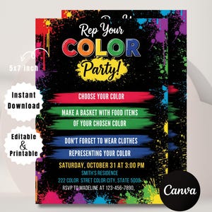 Może przedstawiać: Kolorowe zaproszenie na imprezę z napisem "Rep Your COLOR Party!" na czarnym tle z efektami rozprysków farby. Zaproszenie zawiera instrukcje dotyczące wyboru koloru, przyniesienia jedzenia i noszenia dopasowanych kolorystycznie ubrań. Zaproszenie ma wymiary 12,7 x 17,8 cm.