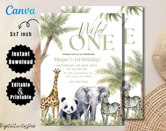Wild One Safari 1st Birthday Invitation: Jungle Animals (PDF)